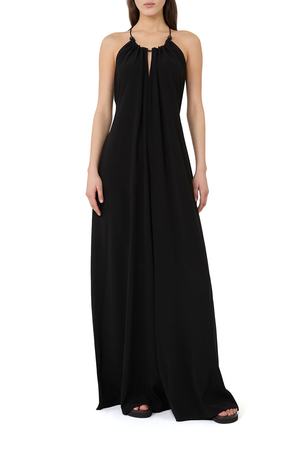 MAX MARA Tuta lunga smanicata in envers satin con scollo all'americana e dettagli in corno