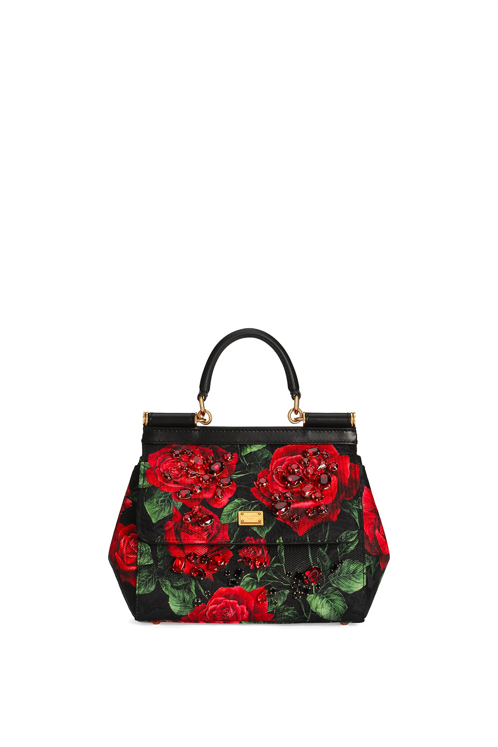 DOLCE & GABBANA Borsa a mano Sicily piccola in pelle con ricamo di castoni e dettagli eleganti.