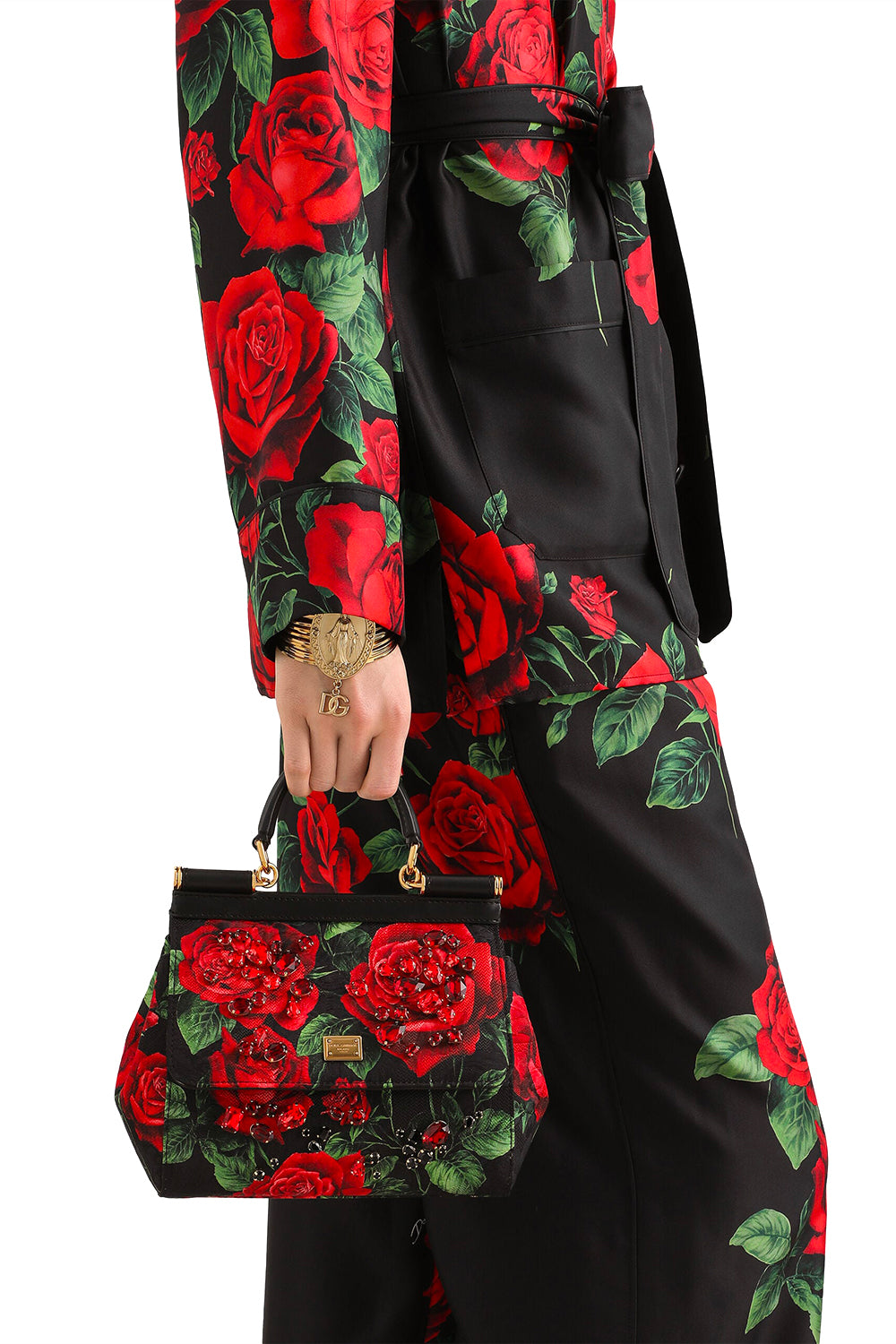 DOLCE & GABBANA Borsa a mano Sicily piccola in pelle con ricamo di castoni e dettagli eleganti.