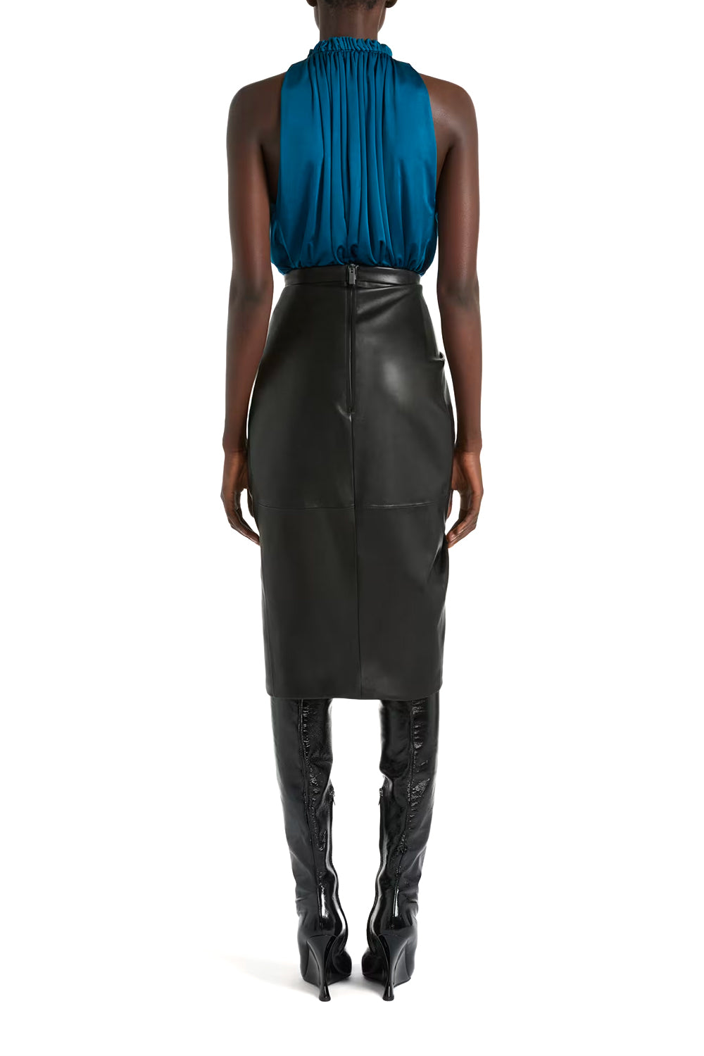 BALMAIN Gonna midi drappeggiata in pelle d’agnello