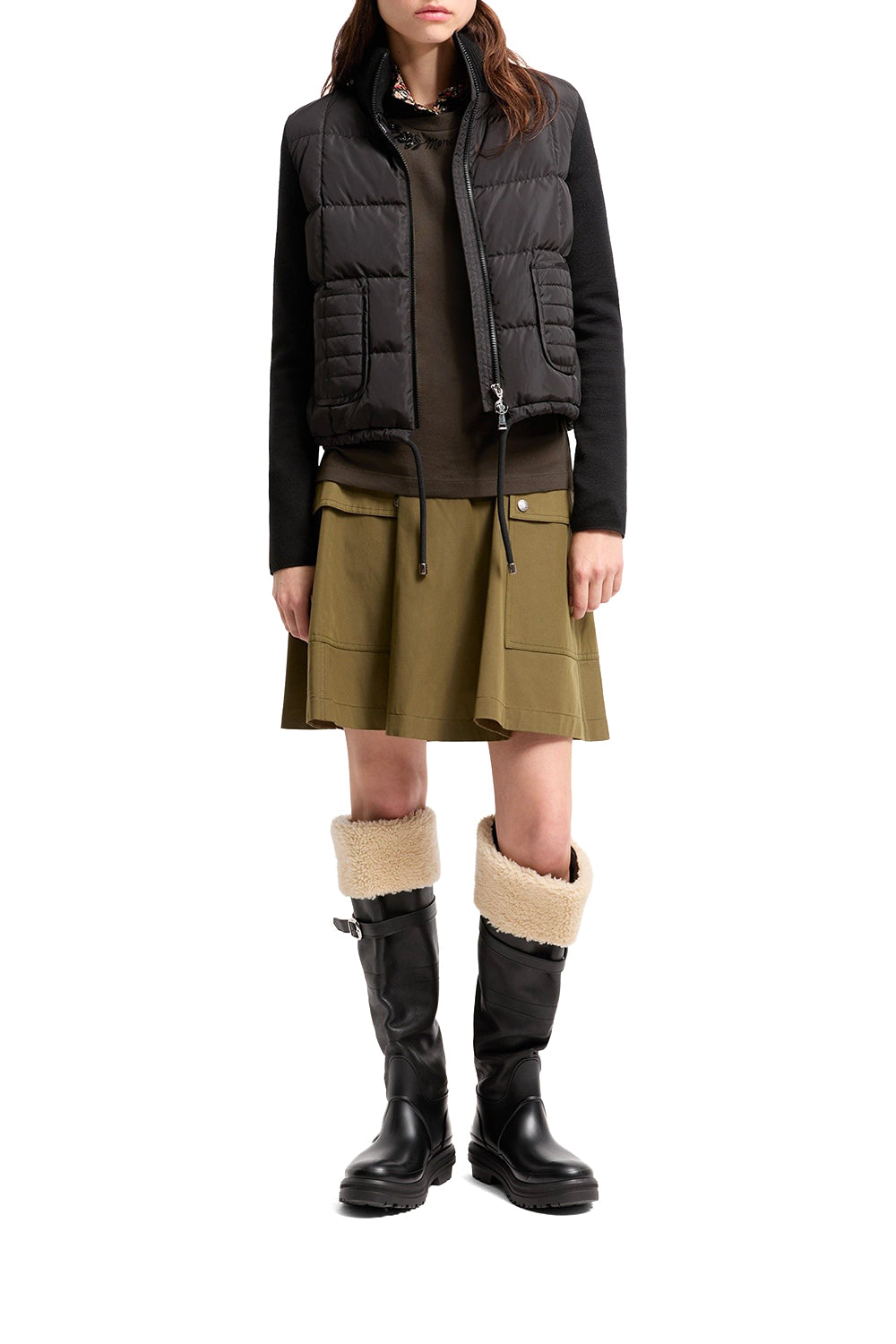 MONCLER Cardigan imbottito in lana con zip e trapuntatura a quadri