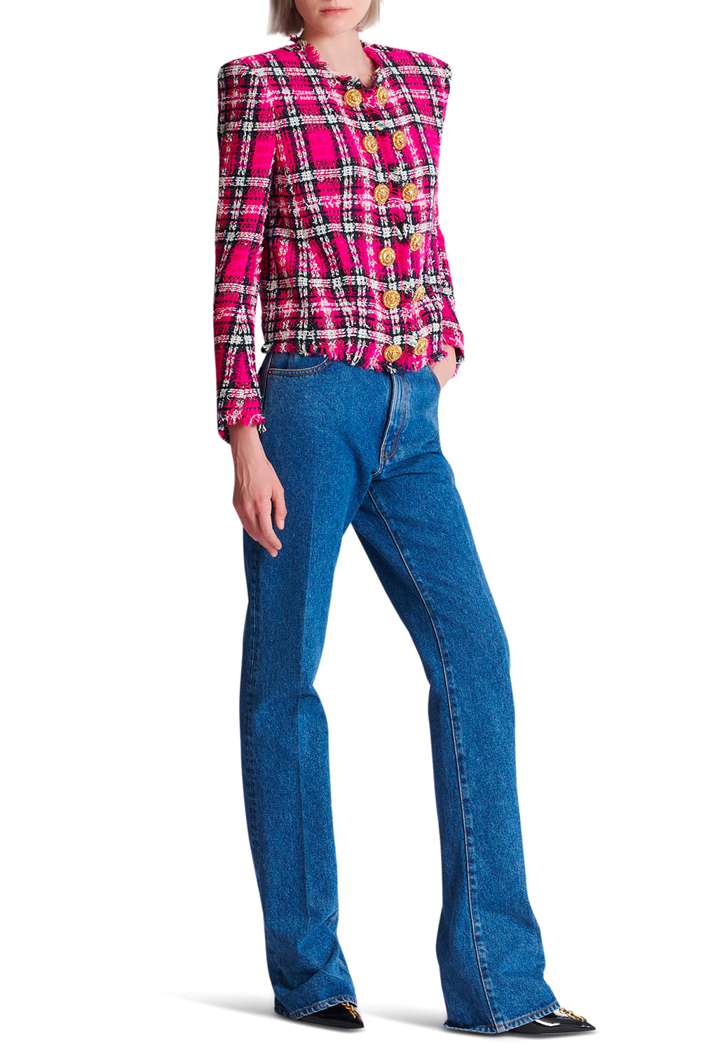 BALMAIN Giacca spencer in tweed tartan con paillettes