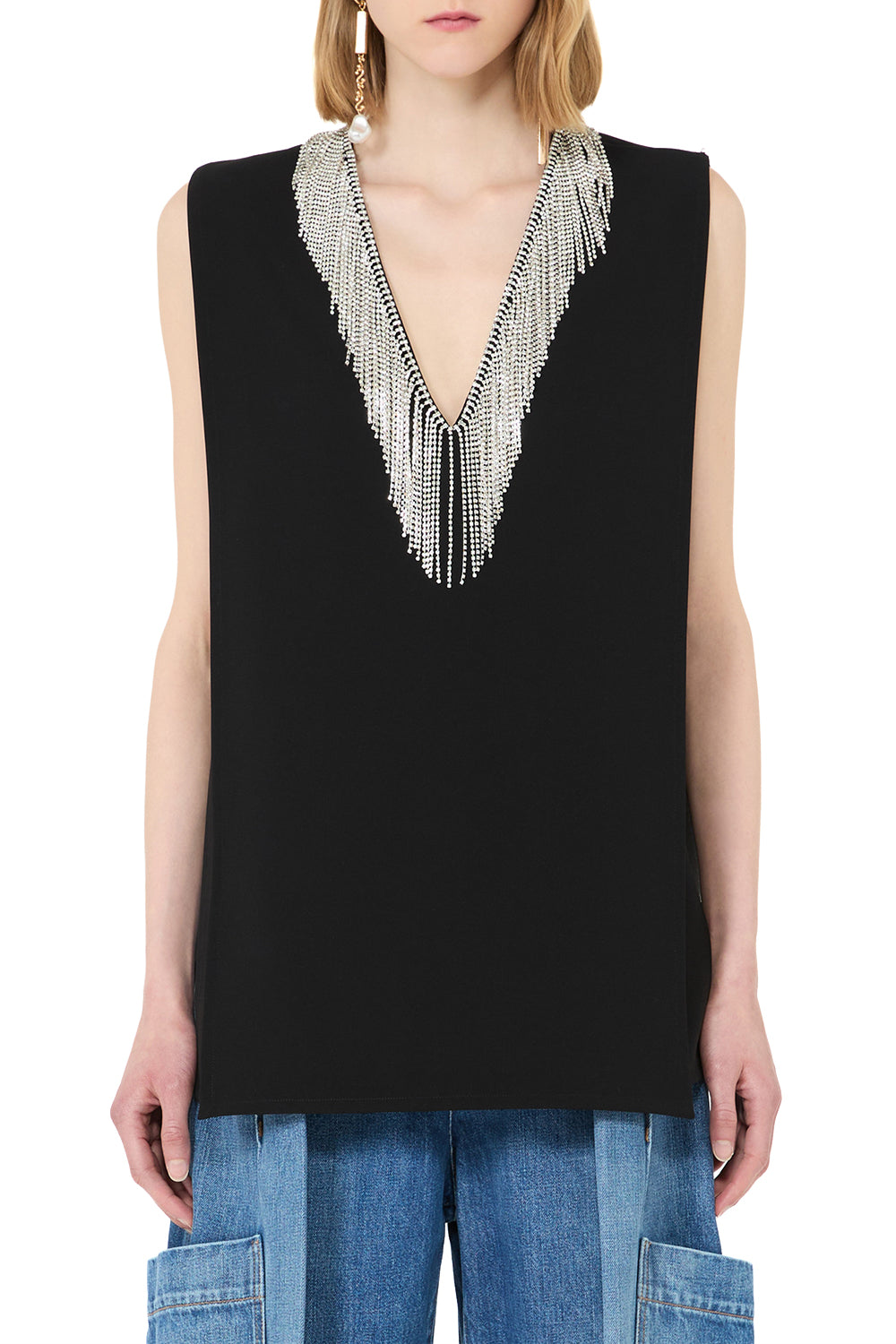 SPORTMAX Top smanicato in cady con strass "SPXFAGLIA"