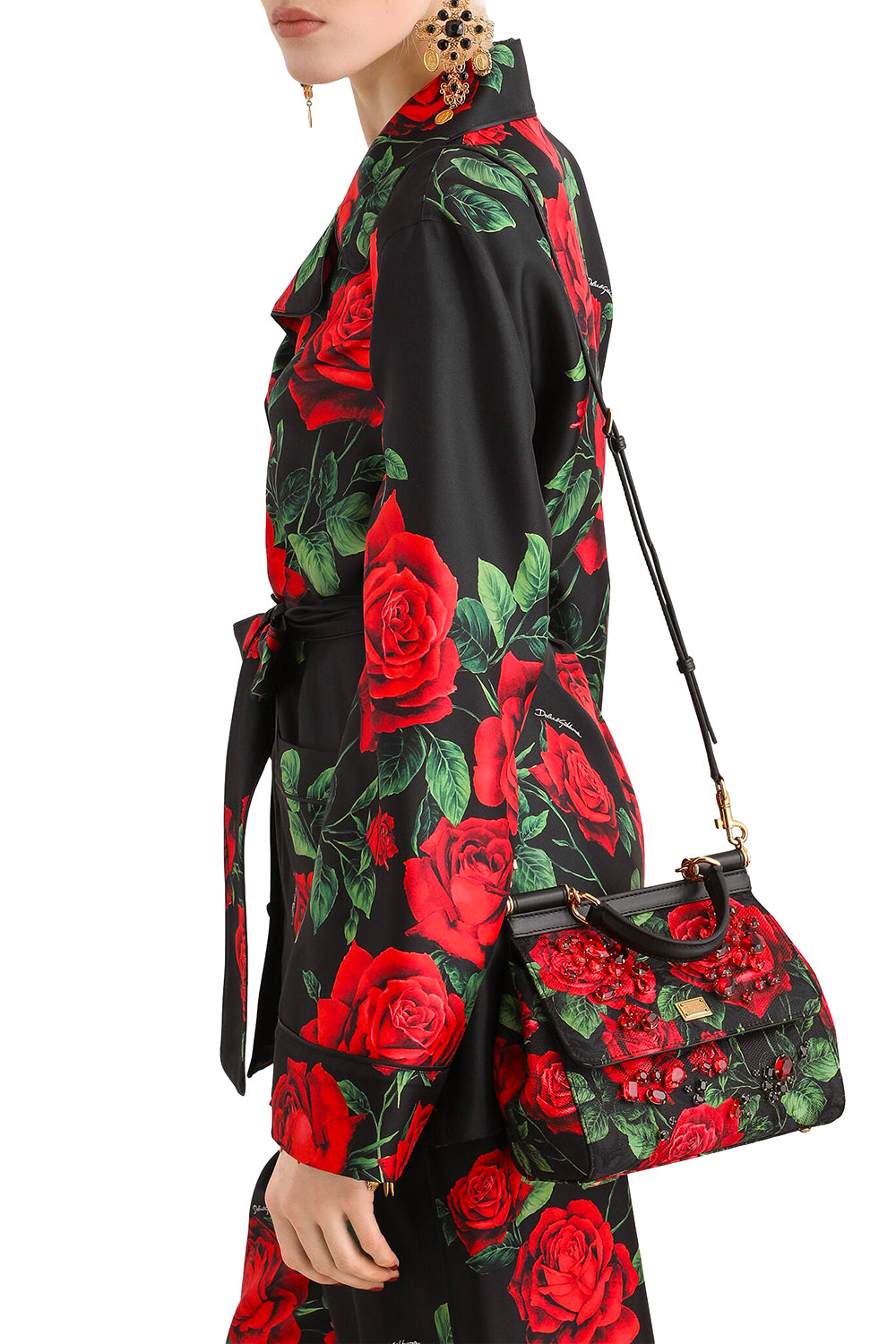 DOLCE & GABBANA Borsa a mano Sicily piccola in pelle con ricamo di castoni e dettagli eleganti.