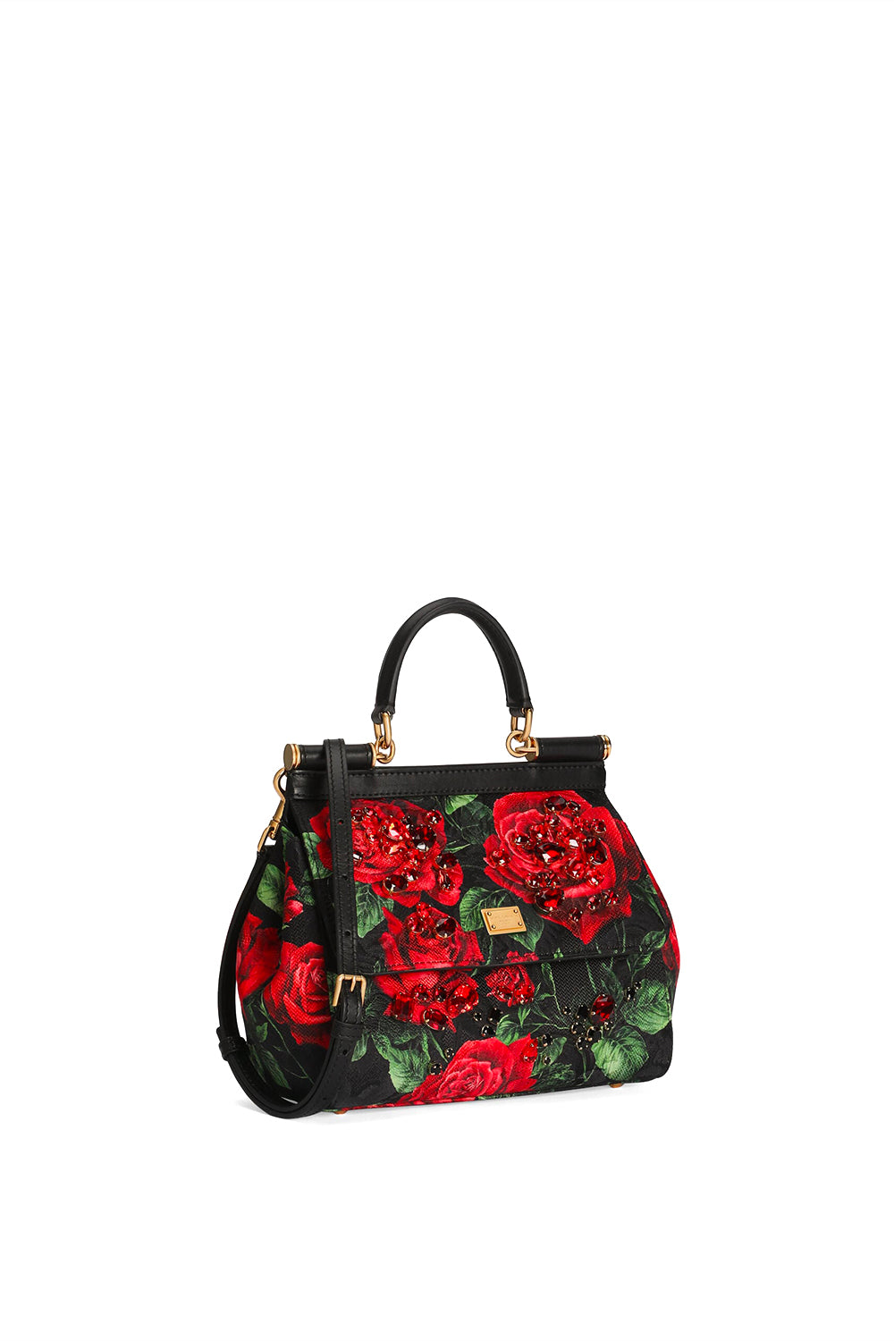 DOLCE & GABBANA Borsa a mano Sicily piccola in pelle con ricamo di castoni e dettagli eleganti.