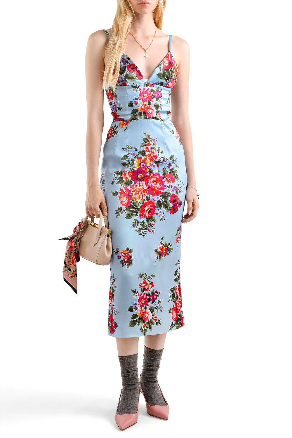 DOLCE & GABBANA Abito in raso stampa mazzo di fiori