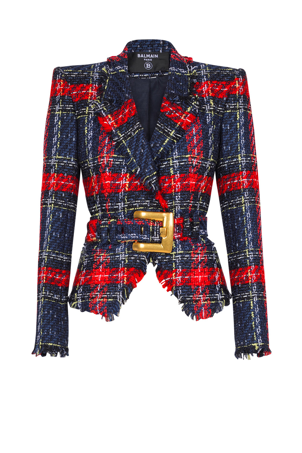 BALMAIN Giacca con cintura in tweed tartan