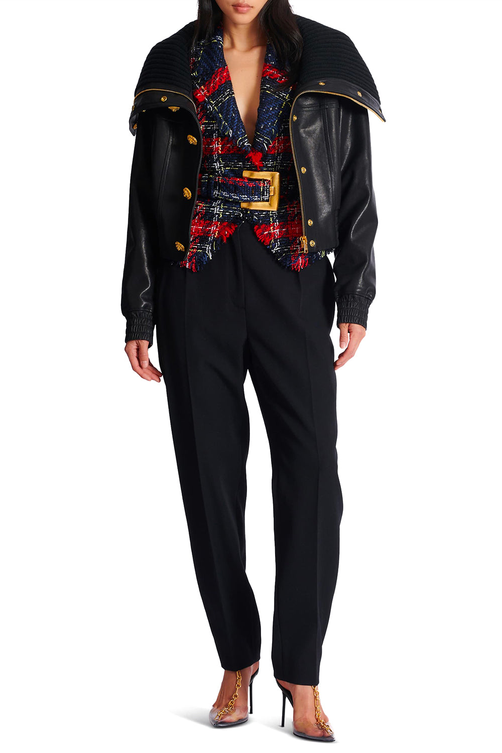 BALMAIN Giacca con cintura in tweed tartan
