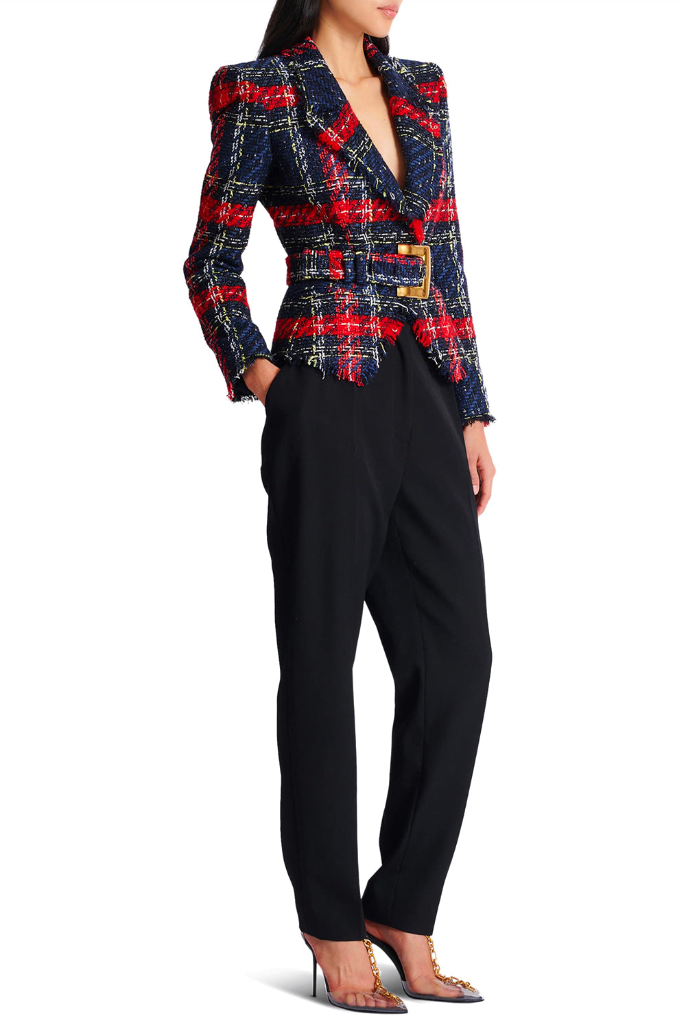BALMAIN Giacca con cintura in tweed tartan
