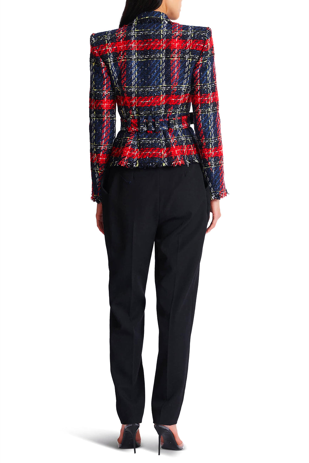BALMAIN Giacca con cintura in tweed tartan