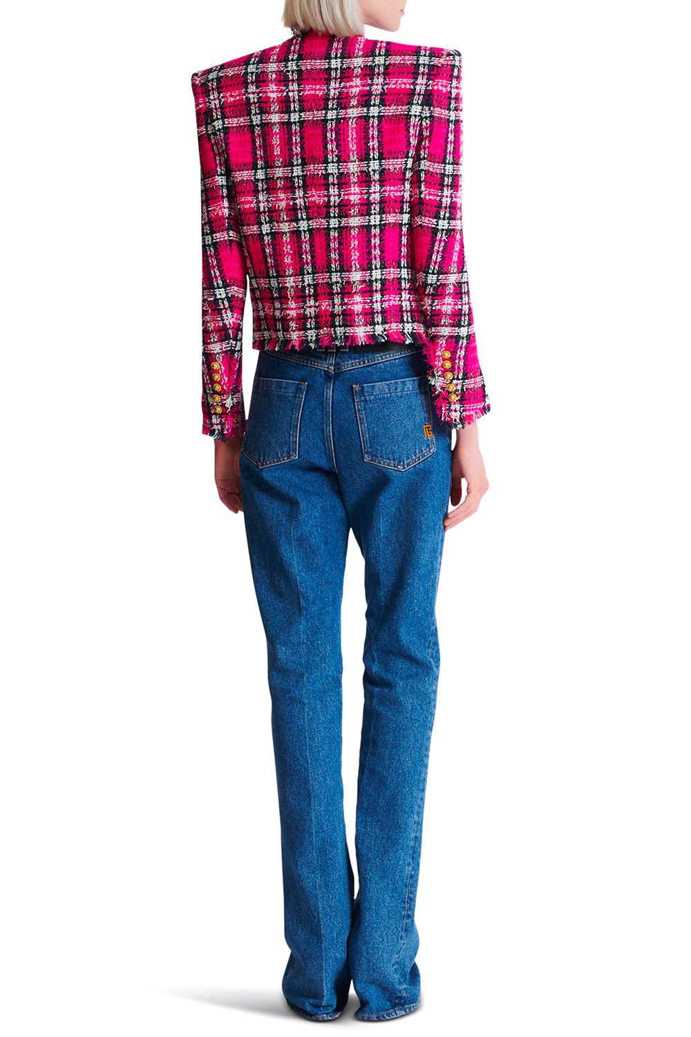 BALMAIN Giacca spencer in tweed tartan con paillettes