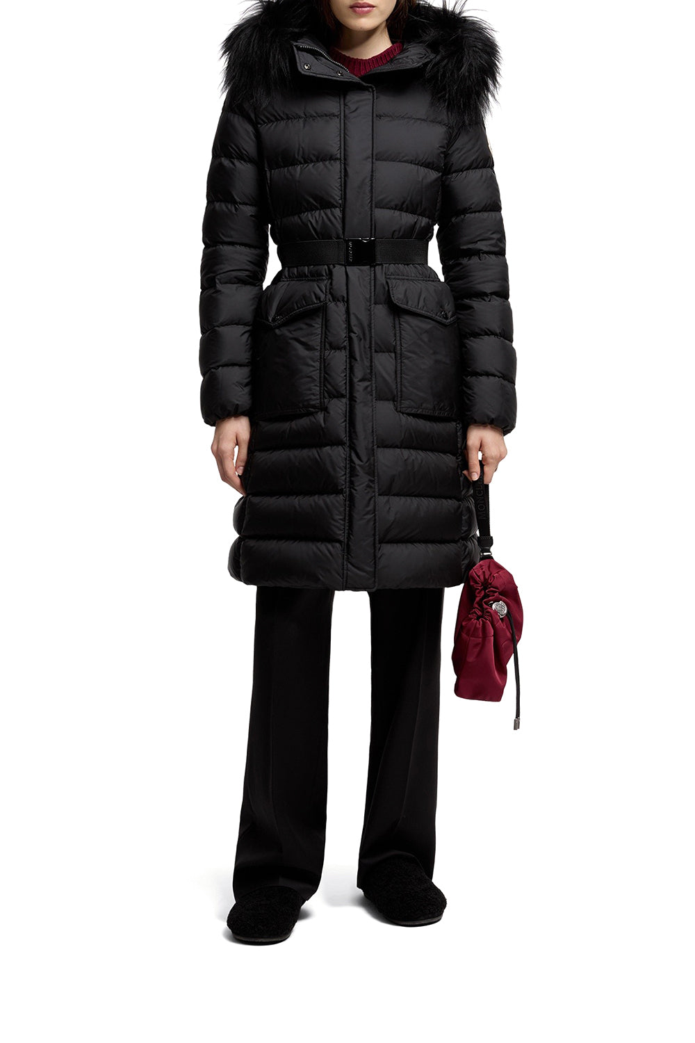 MONCLER Piumino lungo Khloesse con cappuccio e orlo in shearling