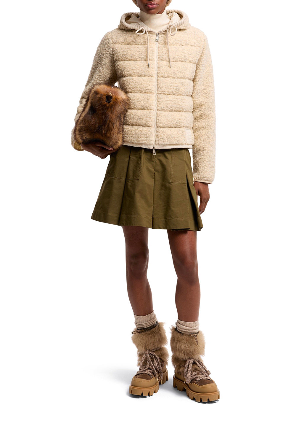 MONCLER Felpa imbottita con cappuccio, zip e finiture in teddy