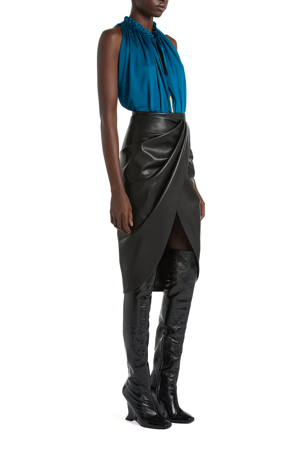 BALMAIN Gonna midi drappeggiata in pelle d’agnello