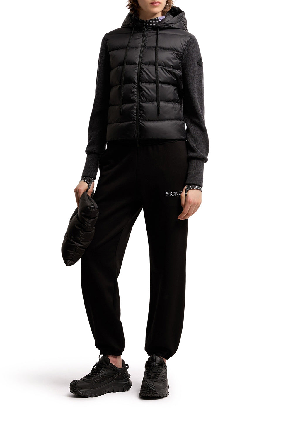MONCLER Cardigan imbottito con zip e cappuccio in lana