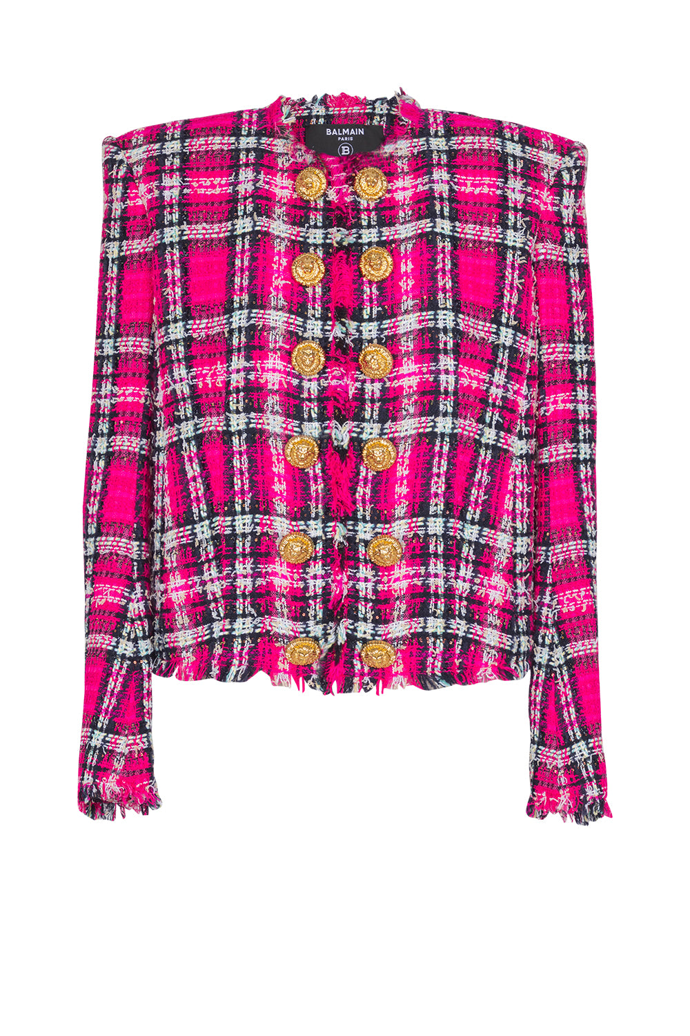 BALMAIN Giacca spencer in tweed tartan con paillettes