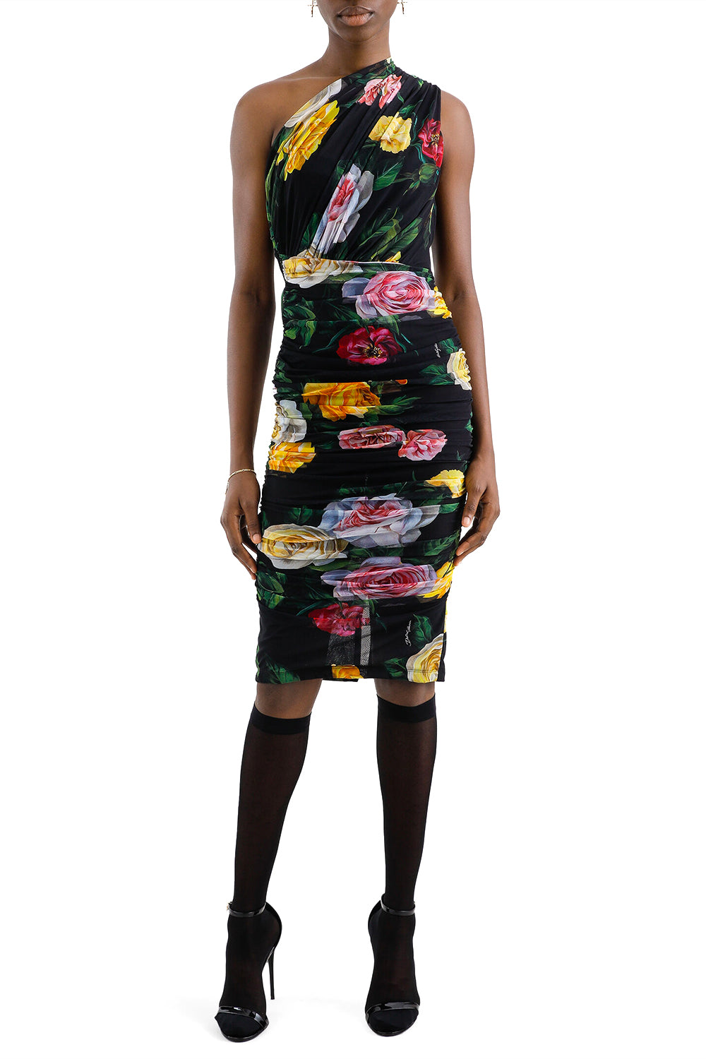 DOLCE & GABBANA Abito longuette monospalla in tulle stampa Peonie e Rose<br>