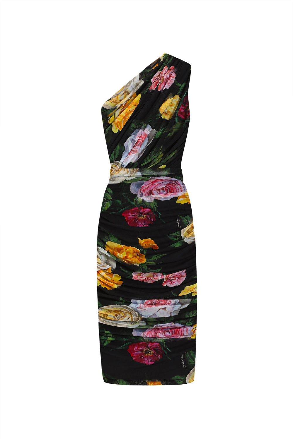 DOLCE & GABBANA Abito longuette monospalla in tulle stampa Peonie e Rose<br>